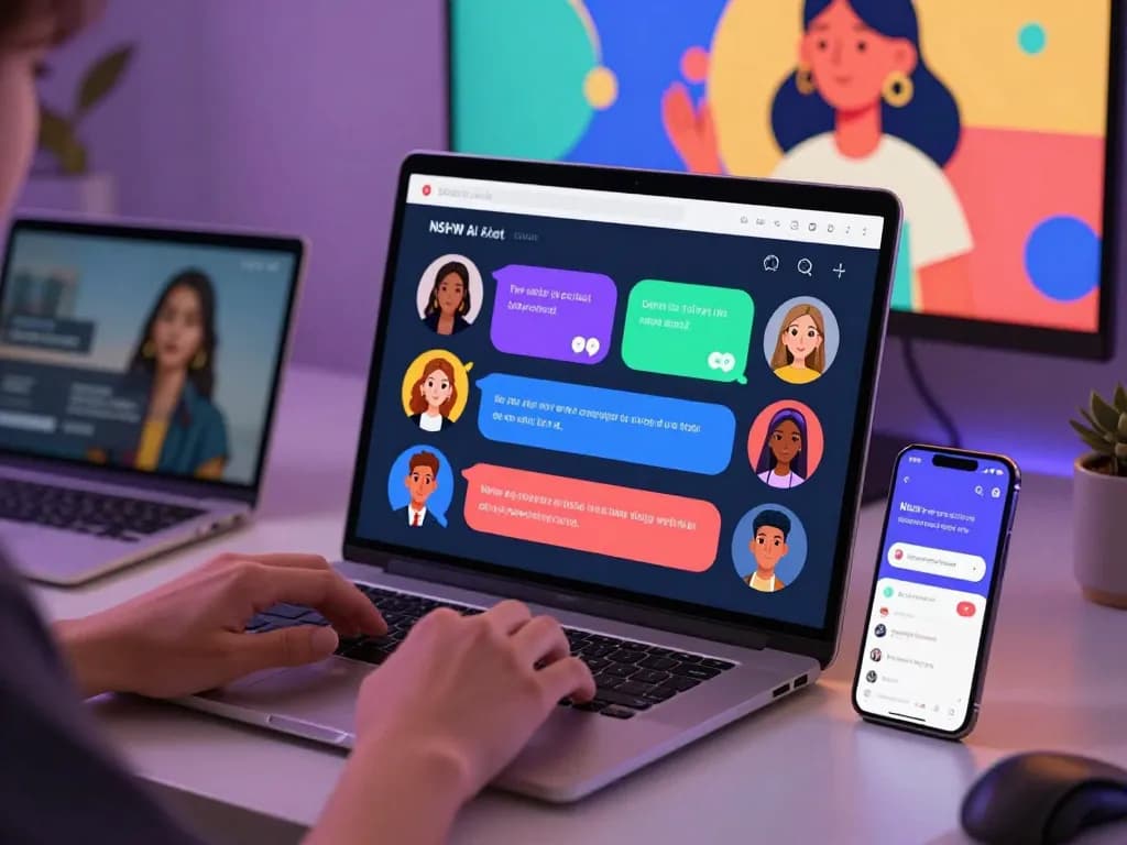 Interactive UI of ai chat nsfw platform featuring customizable characters and playful dialogue in a vibrant workspace.