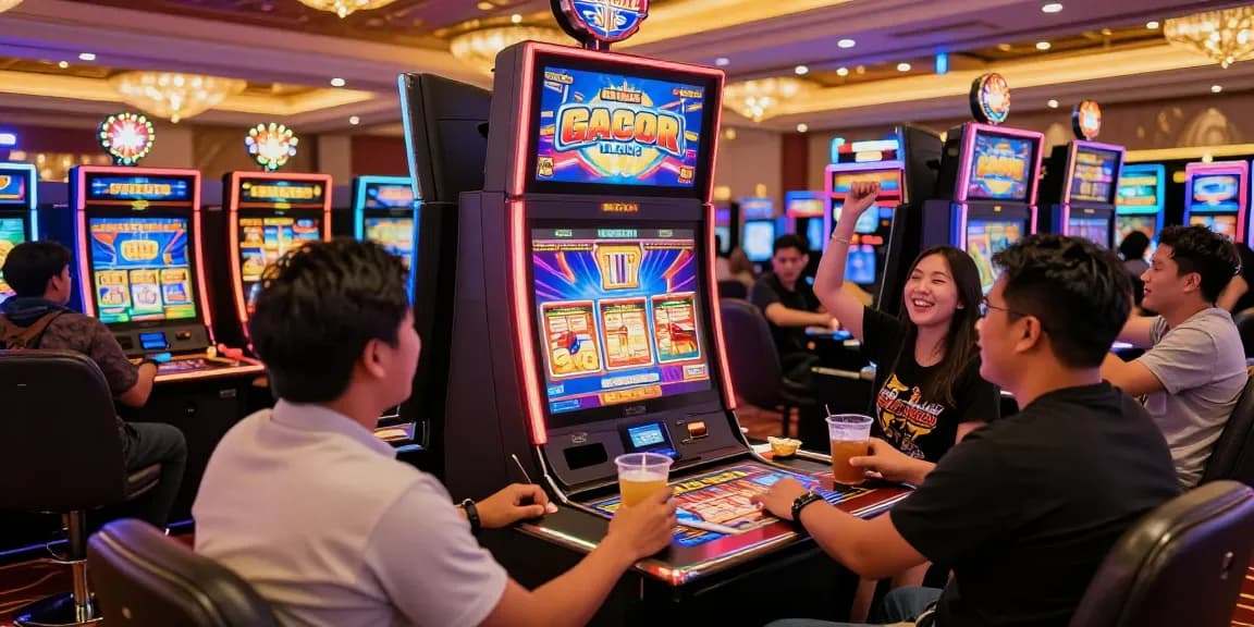 Players enjoying slot gacor games in a lively casino atmosphere with vibrant lights.