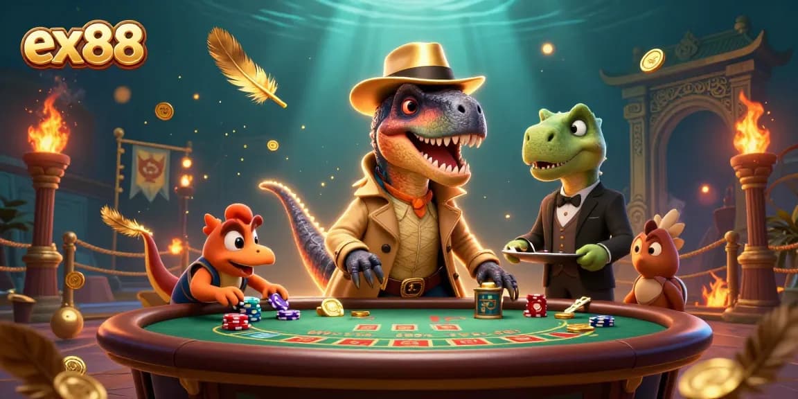 Experience thrilling moments at ex88 casino with a cartoon velociraptor card counter amidst lively gaming action.