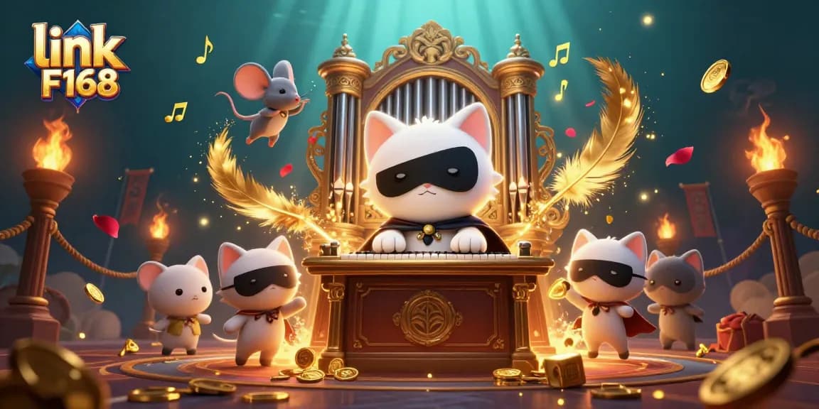 Experience excitement with link F168 in this vibrant 3D casino scene featuring a phantom cat and mouse acrobat.