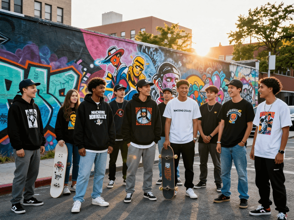 Fans wearing rokok88 super exclusive machine gun kelly merchandise in vibrant urban setting.