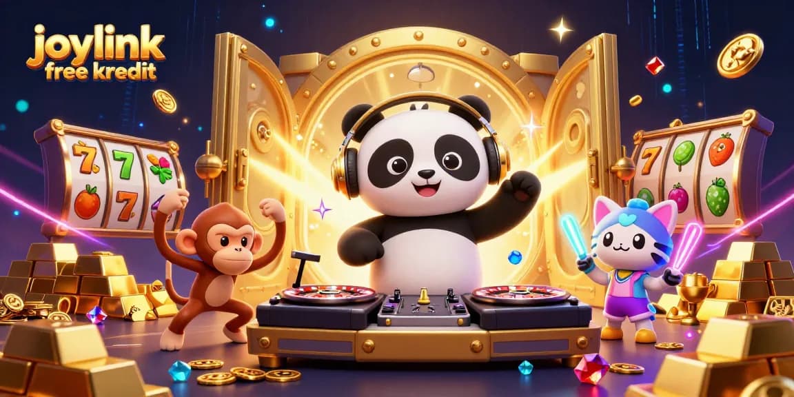 Experience joylink free kredit with an electrifying 3D festival scene featuring a DJ panda and vibrant casino elements.