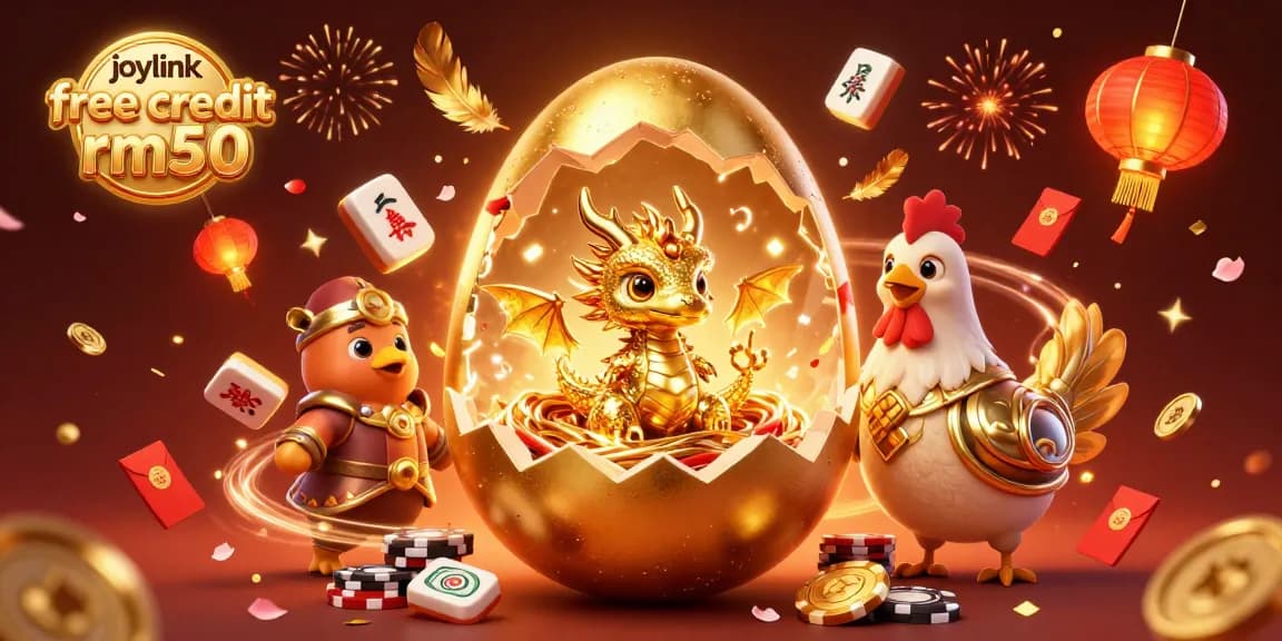 Experience the thrill of joylink free credit rm50 with a stunning golden dragon guarding poker chips in a festive casino illustration.