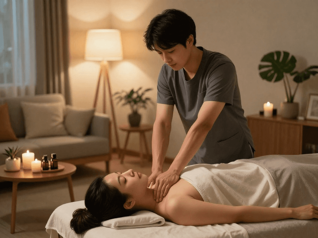 Experience tranquility with 역삼출장마사지 in a cozy home massage setting.