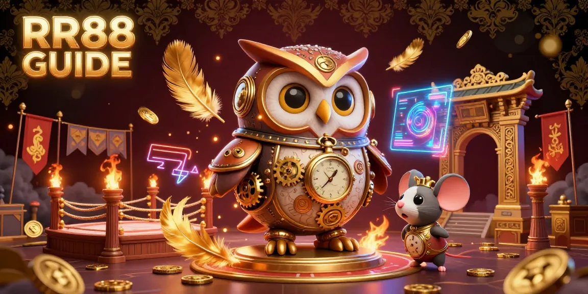 Engage in thrilling online gambling adventures with RR88 GUIDE showcasing a cartoon owl and mouse in a dynamic casino scene.