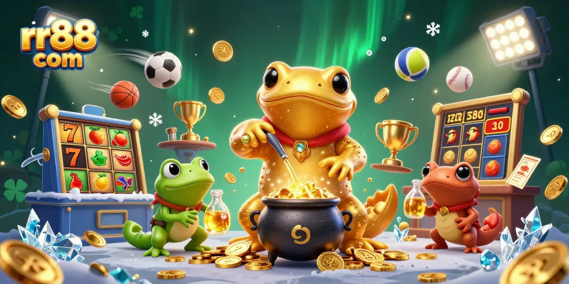Immerse in rr88 com's thrilling world of slots and sports betting with vibrant characters and dynamic elements.