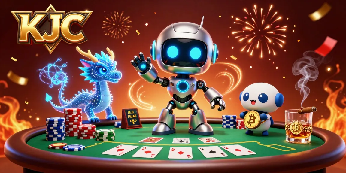 KJC showcases a vibrant cyberpunk scene with characters at a poker table amidst colorful chips and celebratory effects.