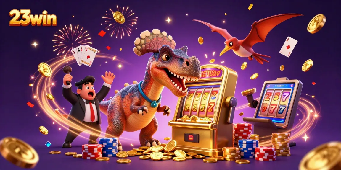 Experience thrilling wins at 23win with a cartoon dinosaur jackpot at a golden slot machine.