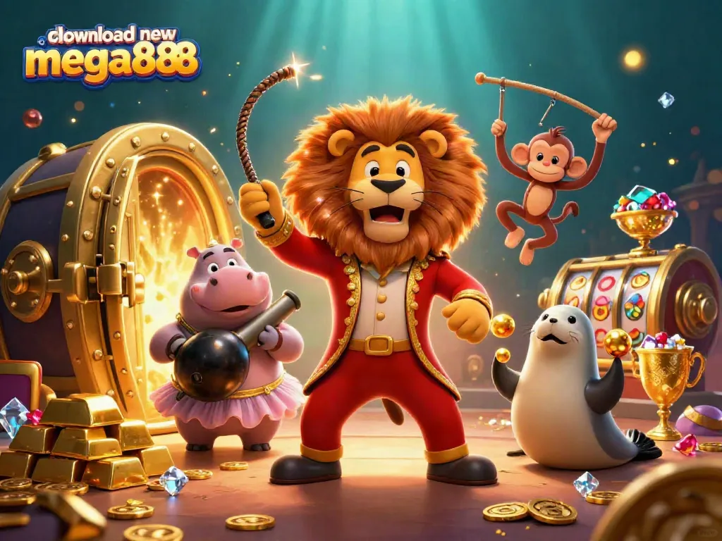 Engage with the thrilling experience of download new mega888 through this vibrant casino-themed illustration.