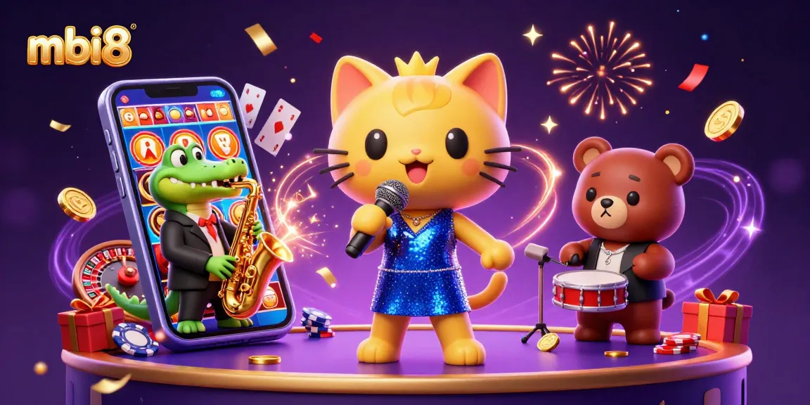 Play exciting games at mbi8 casino with vibrant characters celebrating in a lively, colorful atmosphere.