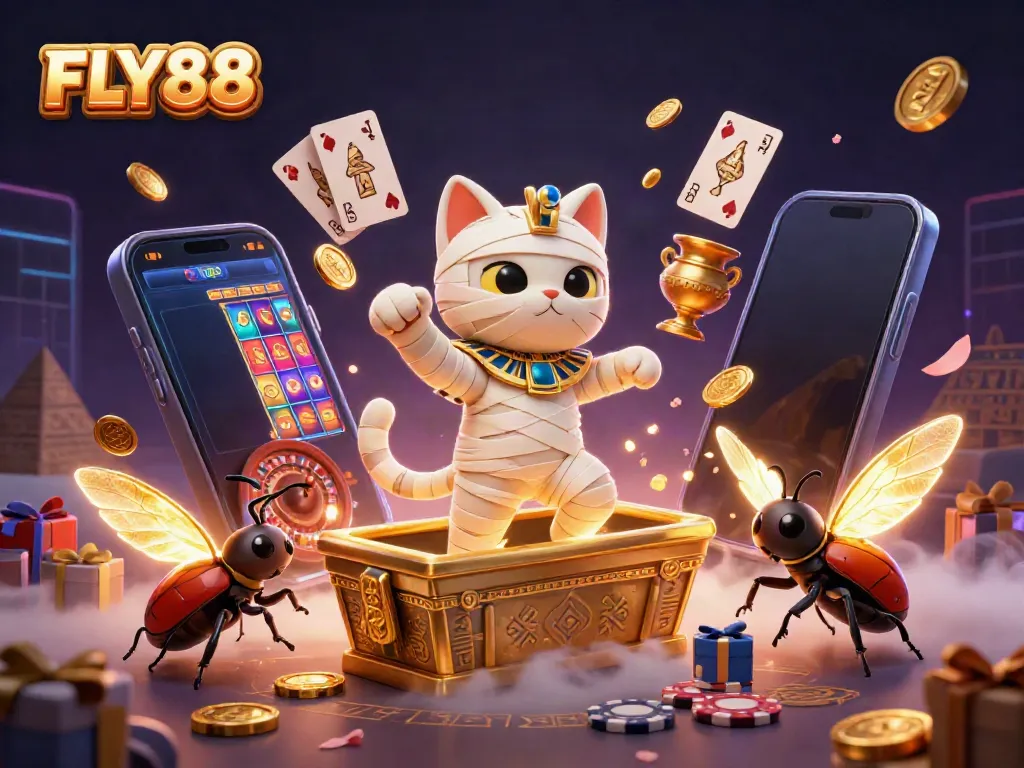 Experience FLY88's vibrant gaming environment with the mummy cat, scarab, and magical casino elements.