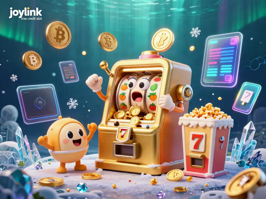 Engage with joylink free credit slot as golden slots cheer during a jackpot celebration amidst crypto elements.