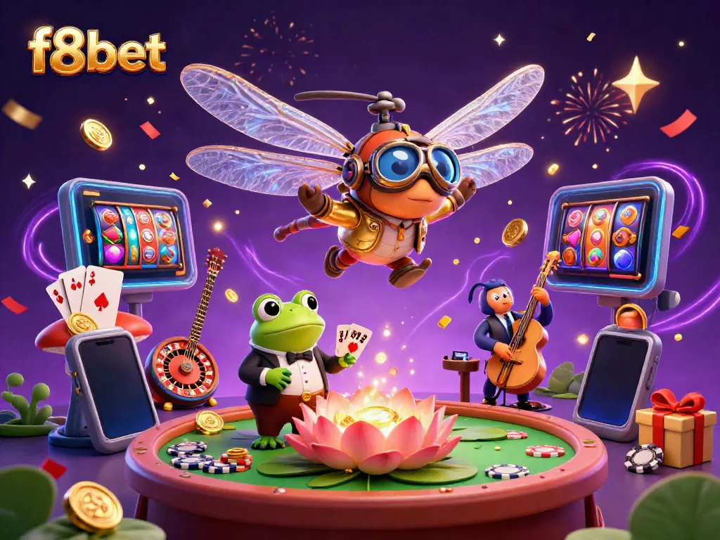 Experience the excitement at f8bet, featuring vibrant casino scenes with a dragonfly pilot and frog dealer