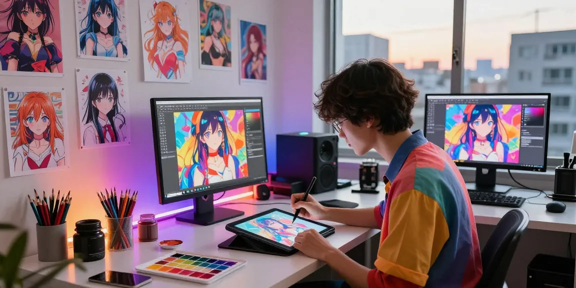 Creating AI ecchi art in a vibrant studio with animated character designs and digital tools.