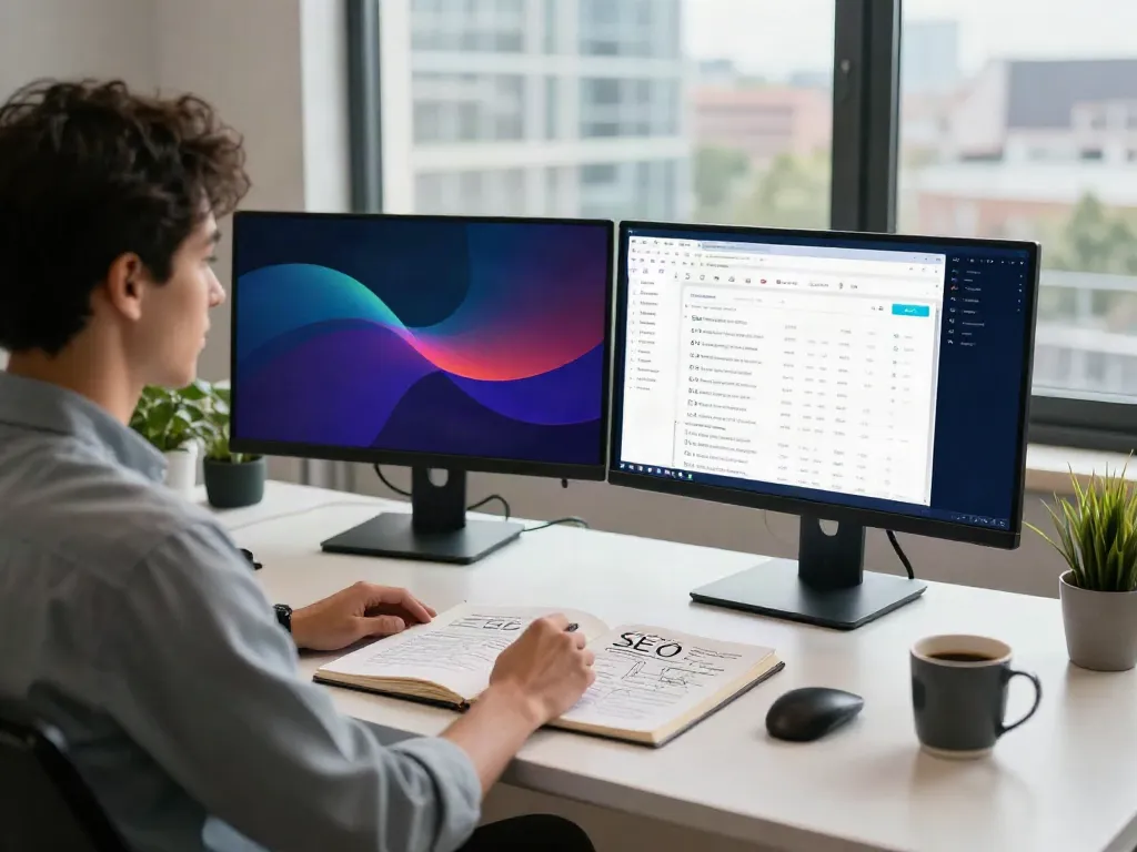SEO expert analyzing rokok88 link performance in a modern office.