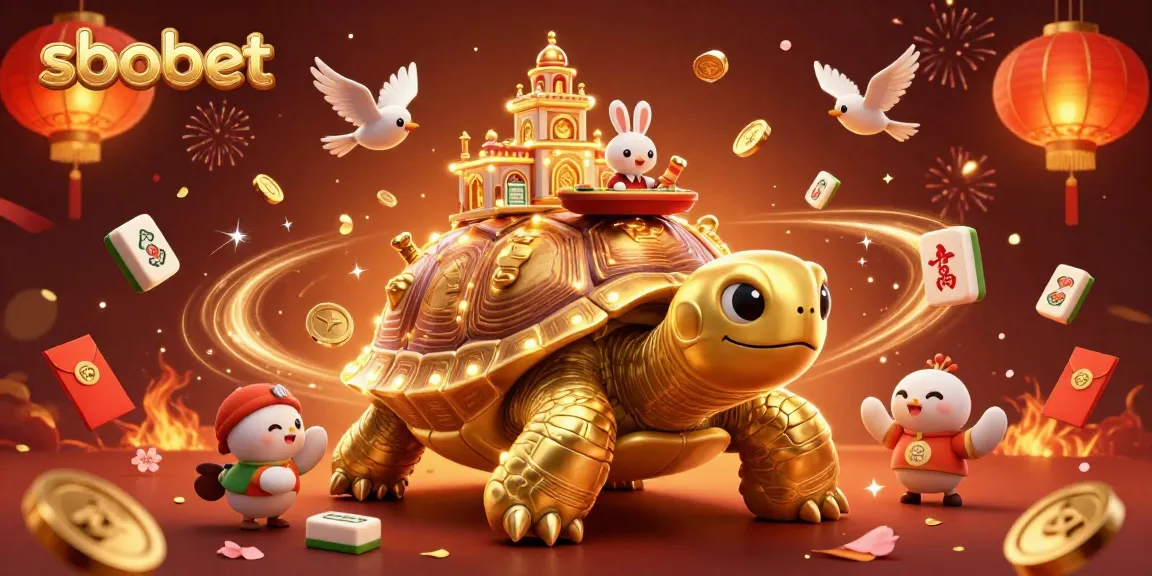 Sbobet platform featuring a golden tortoise casino illustration with dynamic gaming elements.