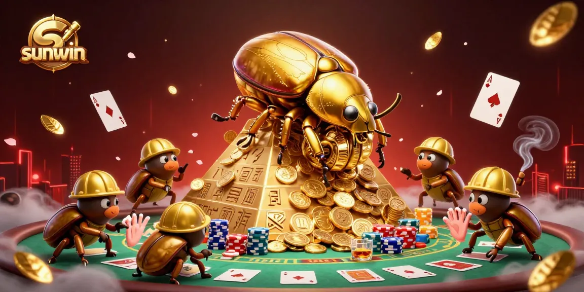 Experience the excitement at Sunwin with a playful golden beetle amidst casino games and vibrant colors.