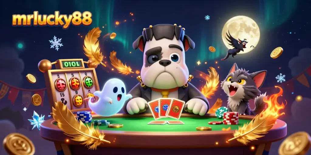 Experience mrlucky88 with a vibrant illustration of a bulldog monster dealing cards at a casino table amidst dynamic gambling elements.