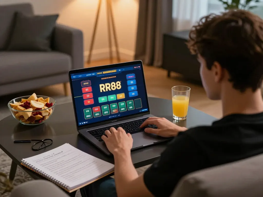Player enjoying RR88 online casino on laptop during a relaxing evening at home
