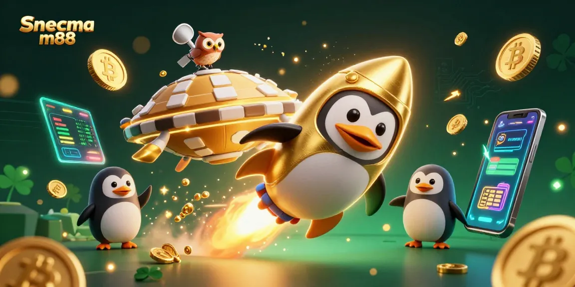 Bet big with Snecma m88 featuring a dynamic illustration of a golden penguin and casino elements.