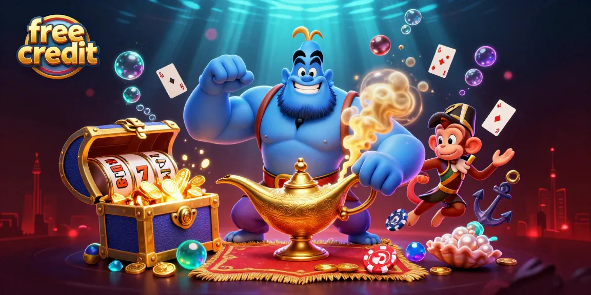 Experience free credit promotions with playful casino characters and vibrant slot symbols in an exciting scene.