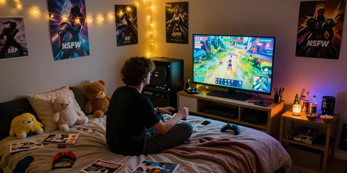 Engaging NSFW APK gaming setup in a cozy bedroom, showcasing vibrant gameplay on screen.