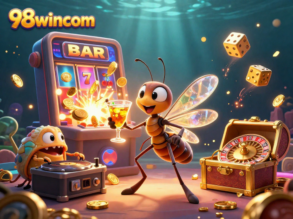 Experience thrilling gameplay with 98wincom's vibrant casino scene featuring iconic characters and actions.