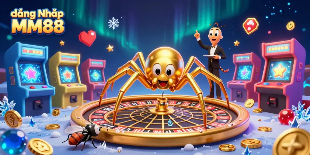 Bet on thrilling games with đăng Nhập MM88, featuring a captivating 3D spider and vibrant casino elements.