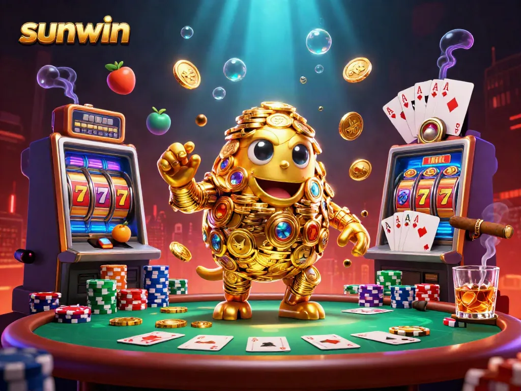 Experience the excitement of sunwin casino with a vibrant display of golden gambling elements and lively characters.