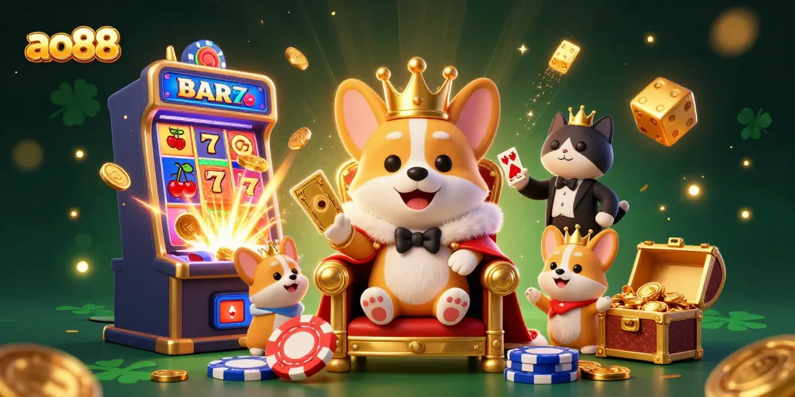 Win big with ao88's vibrant casino adventure featuring royal corgi and jackpot celebrations.