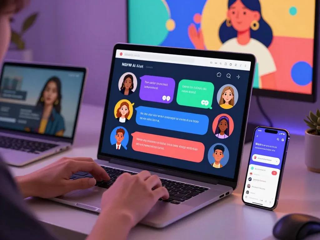 Interactive UI of ai chat nsfw platform featuring customizable characters and playful dialogue in a vibrant workspace.