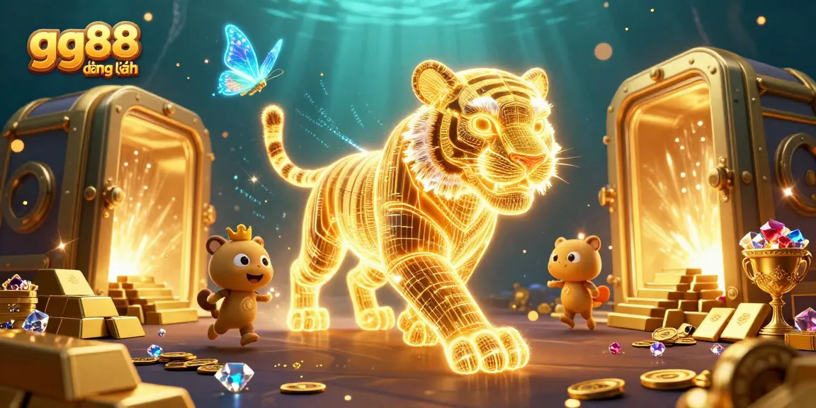 Experience gg88 đăng nhập in a vibrant digital casino world with sparkling treasures and neon characters.