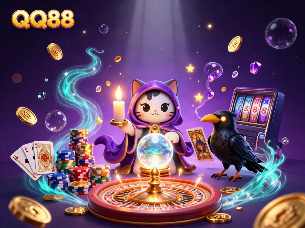Engage with QQ88's vibrant casino magic featuring a fortune teller cat, glowing raven, and dazzling lights.