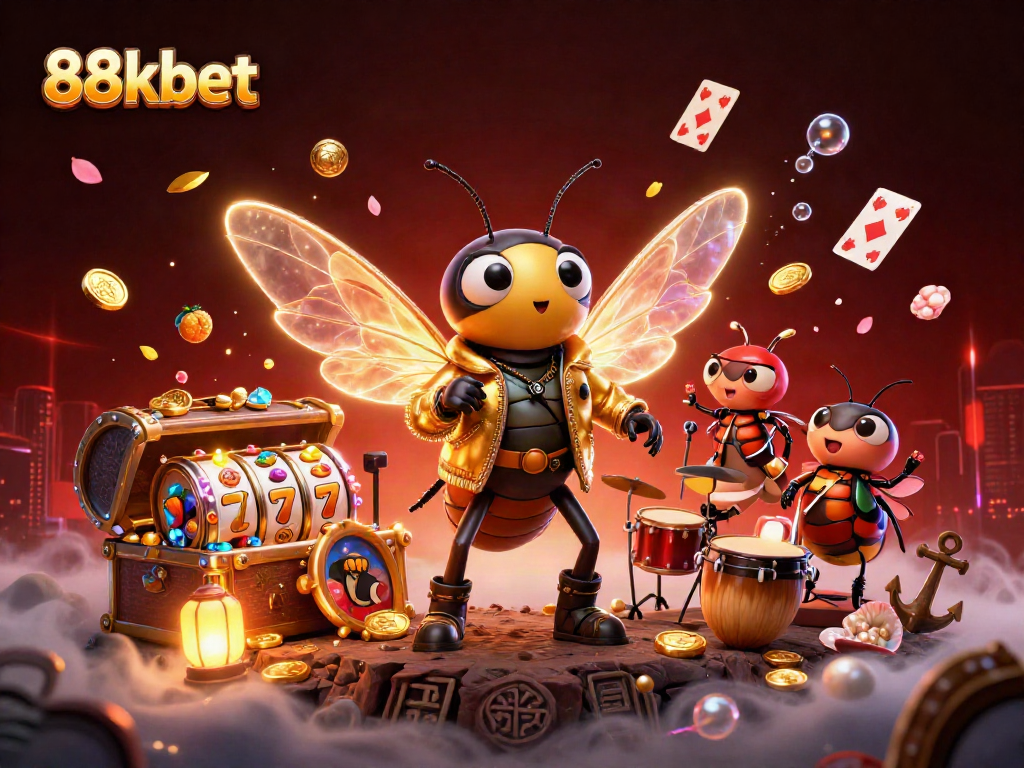 Win big with 88kbet in this vibrant casino-themed illustration featuring dynamic characters and slot reels.