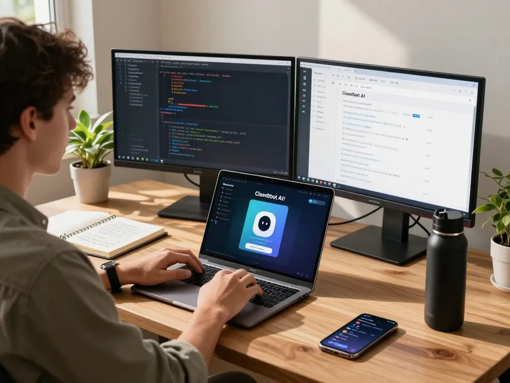 Young professional interacting with Clawdbot AI on a laptop in a cozy home office setting.