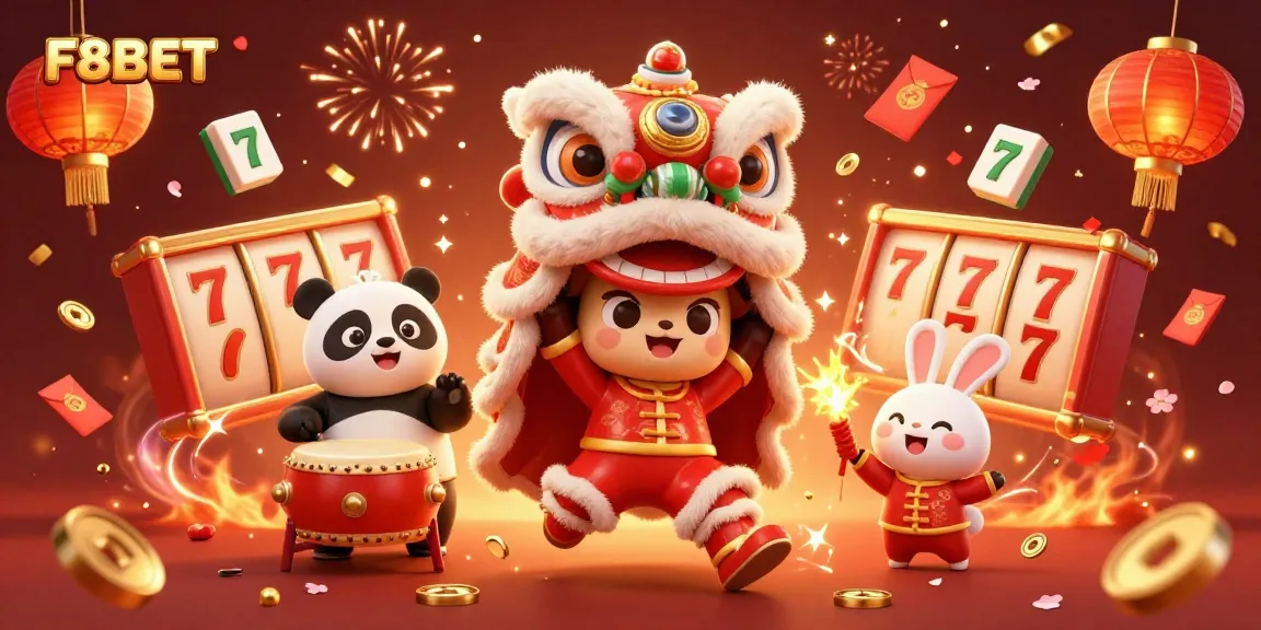 Win big at F8BET with an exciting 3D illustration featuring vibrant game elements and festive characters.