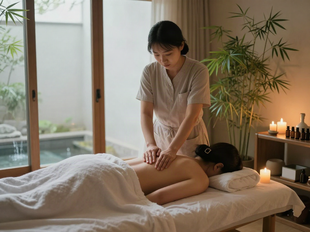 Relaxing 군포출장안마 scene with therapist in tranquil spa setting.