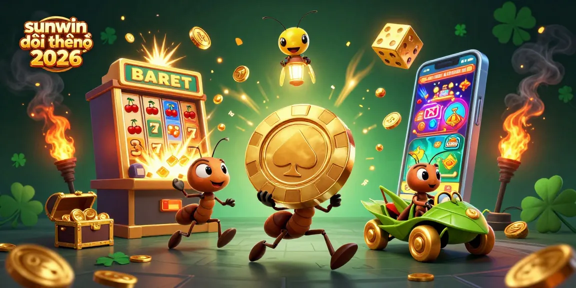 Experience sunwin đổi thưởng 2026 with ants stealing a giant poker chip amidst jackpot explosions.