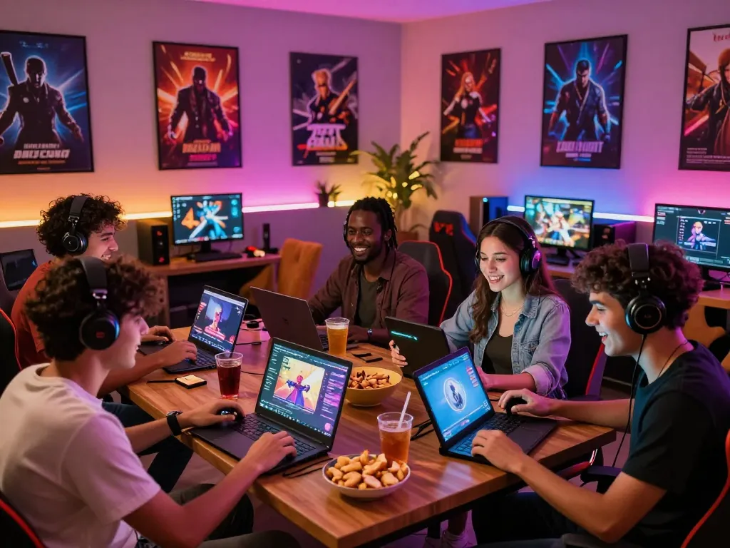 Friends enjoying gay porn games in a vibrant gaming lounge