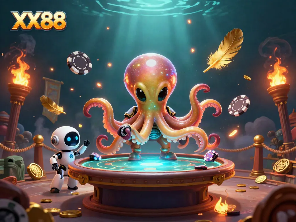 Experience immersive poker gameplay with XX88 featuring an alien octopus and vibrant casino elements.
