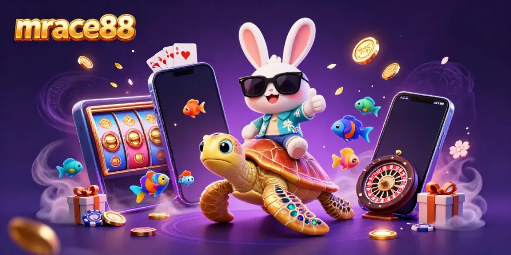 Experience the thrill of slots with mrace88, marked by the lucky rabbit and golden turtle illustration.
