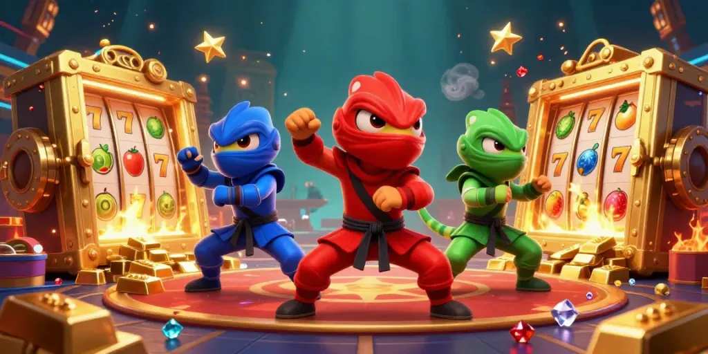 Experience the excitement of MMOO with ninja chameleons showcased in a vibrant casino rooftop scene.