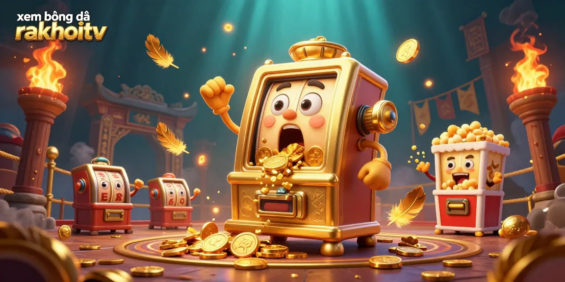 Experience xem bóng đá rakhoitv with a dazzling scene of animated slot machines celebrating a jackpot amidst a vibrant gambling arena.