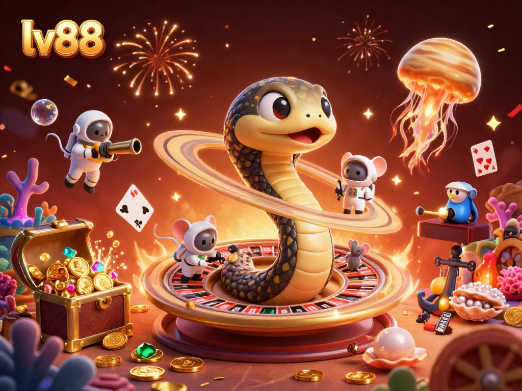 Bet big on lv88 with a dazzling cosmic casino scene featuring a roulette wheel and vibrant characters.