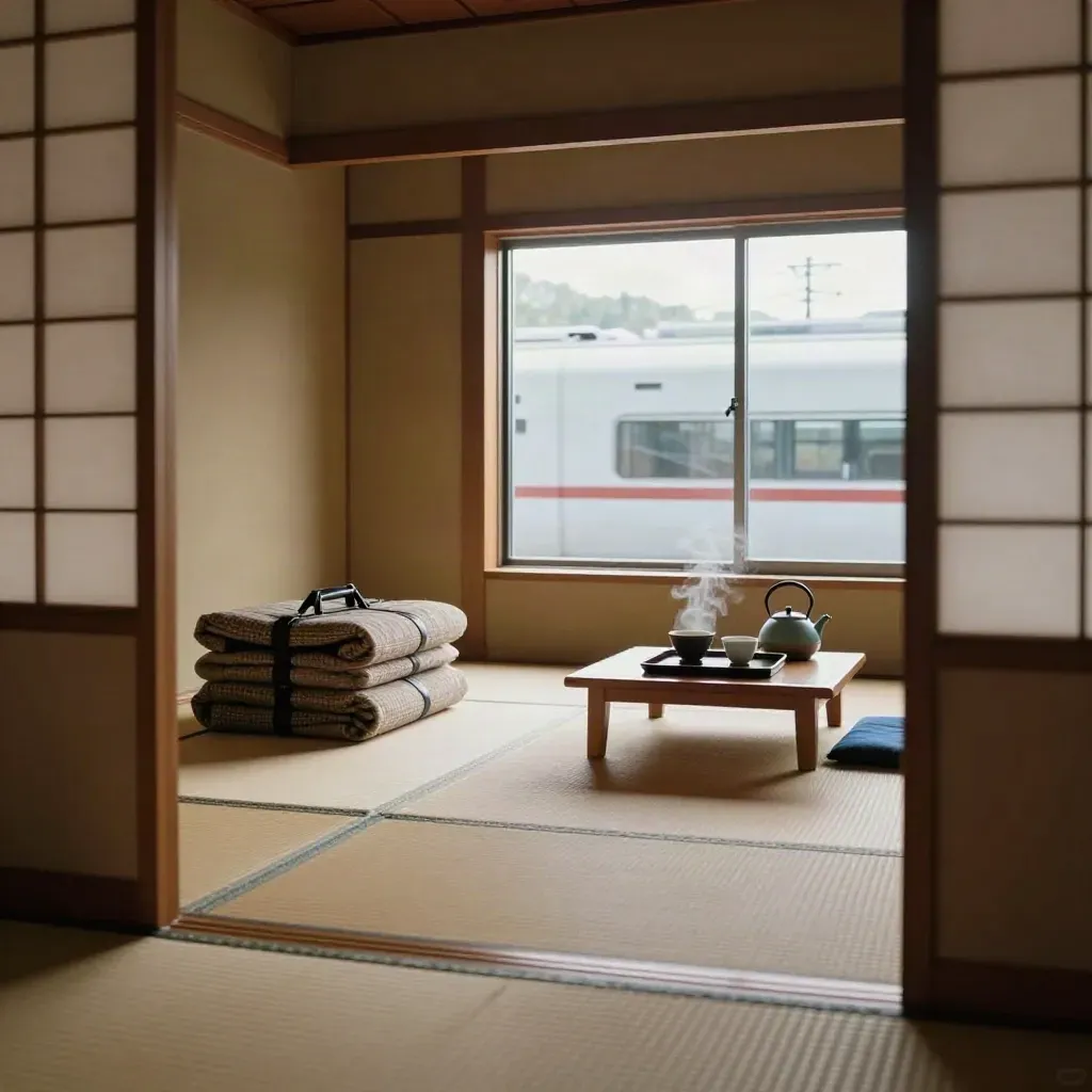 Bilik ryokan kemas dengan futon, teh panas dan cahaya Shinkansen di tingkap.