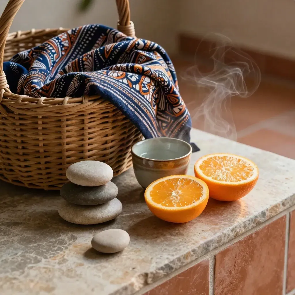Pasu bakul pasar, batu spa, kain batik, cawan seramik dan limau di atas batu.