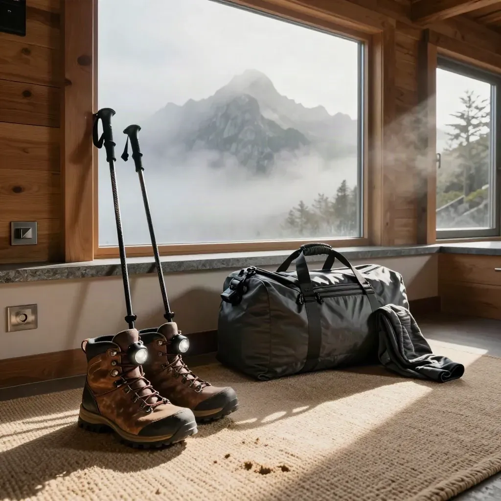 Bilik lodge gunung dengan but mendaki, lampu kepala dan beg duffel di depan tingkap berkabus.