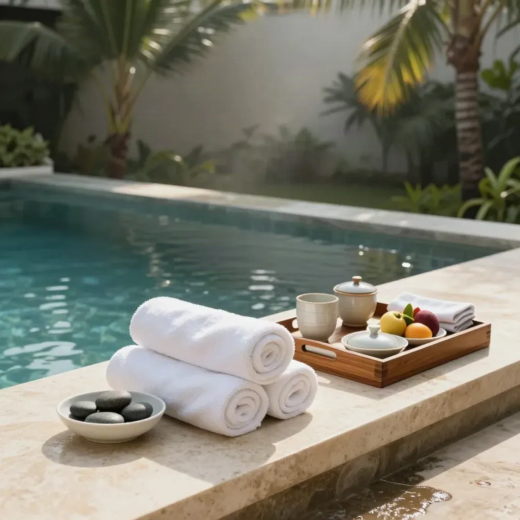 Tepi kolam vila Bali dengan tuala gulung, batu spa dan dulang sarapan siap untuk hujung minggu.