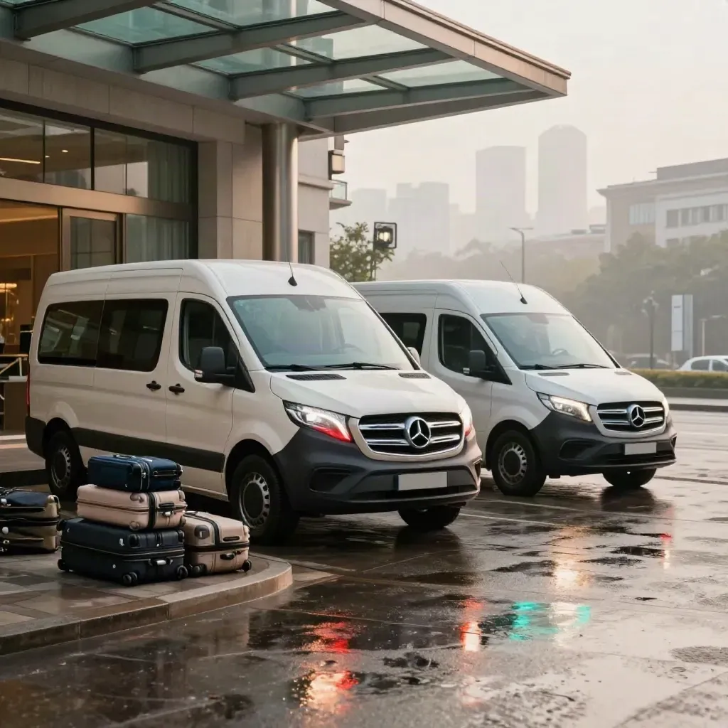 Dua van pindahan hotel dan deretan beg di driveway bandar berkabus selepas hujan.