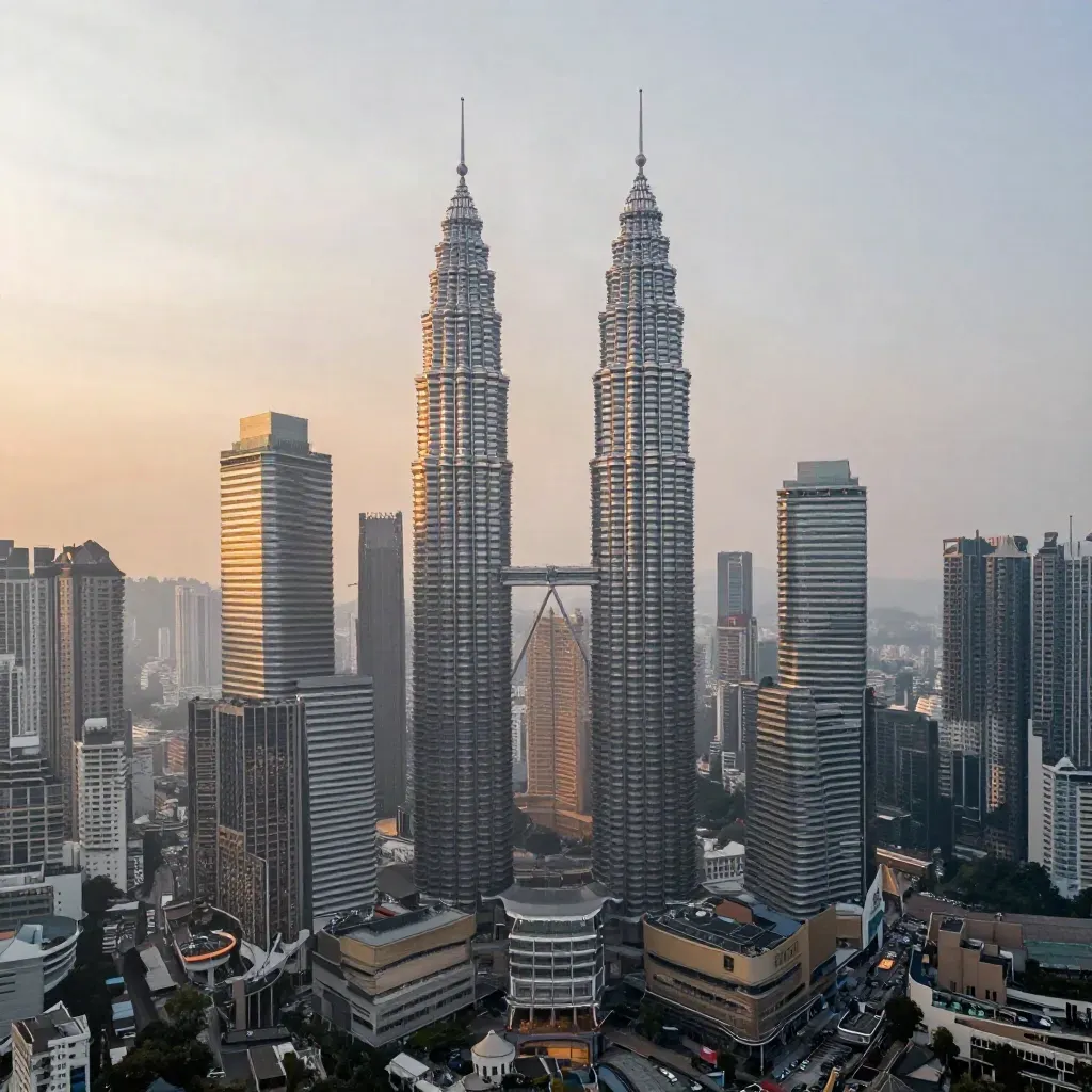 Garis langit Kuala Lumpur dalam kabus senja, menara tinggi di atas, bandar tenang dan lembut di bawah.